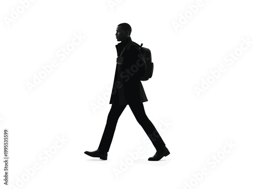 Side view of a stylish man walking with a backpack, wearing a coat and trousers, minimalist vector illustration of a commuter on the move