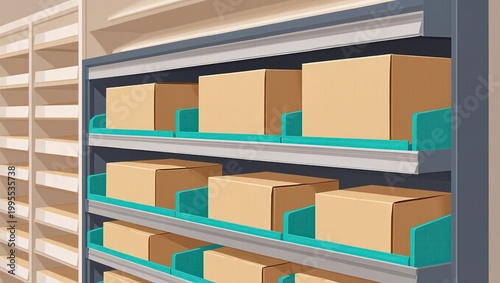 Office mailroom parcel rack with neatly sorted cardboard packages