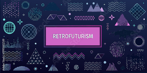 Abstract retrofuturism design with geometric shapes and vibrant color palette