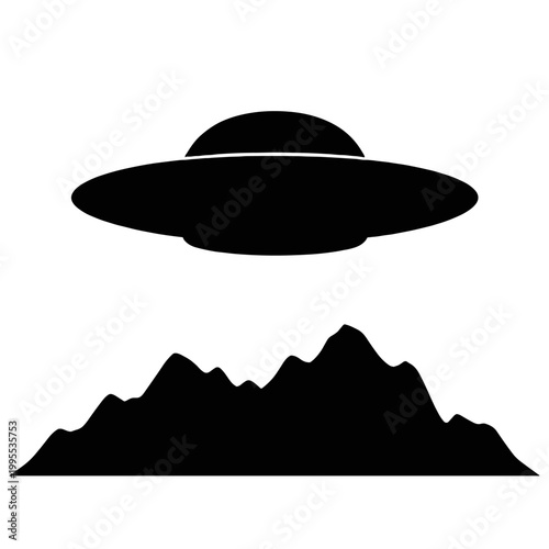 UFO flying saucer seen above mountains during nighttime silhouette vector isolated on a transparent background