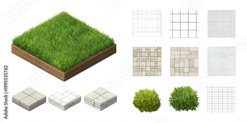 Isometrisches Game-Design-Set mit Gras, Büschen, Pflastersteinen und nahtlosen Texturen für Landschaftsbau