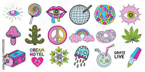 Colorful sticker collection featuring retro designs eyes and playful objects