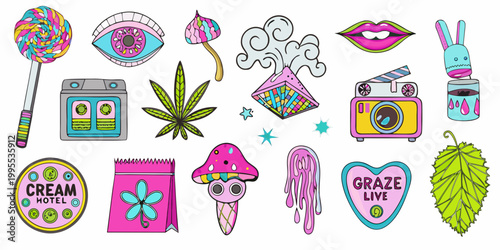 Colorful sticker collection featuring whimsical objects and psychedelic designs