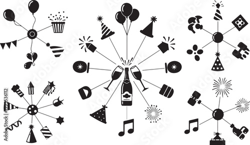 Black and white party celebration icons and symbols