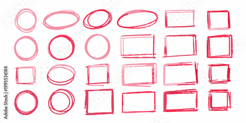 Collection of hand drawn red circles and squares with varying shades