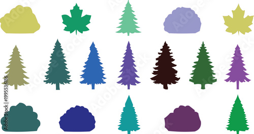 A festive set of green vector Christmas tree illustrations featuring winter fir and pine designs for holiday celebration and December nature landscape card backgrounds