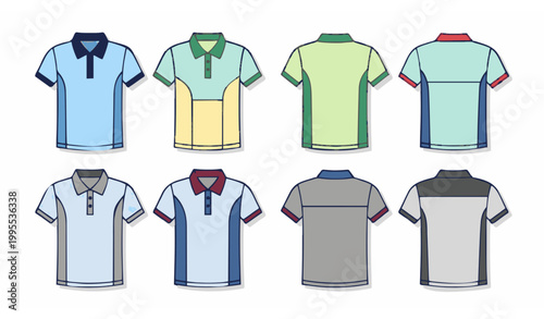 Modern polo t shirt uniform templates set with front and back views customizable apparel vector collection isolated on white