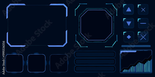Assortment of glowing neon blue user interface elements on a dark background