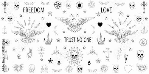 A collection of black and white tattoo style illustrations with skulls birds and symbols