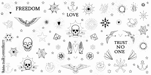 Collection of hand drawn tattoo flash designs on a white background