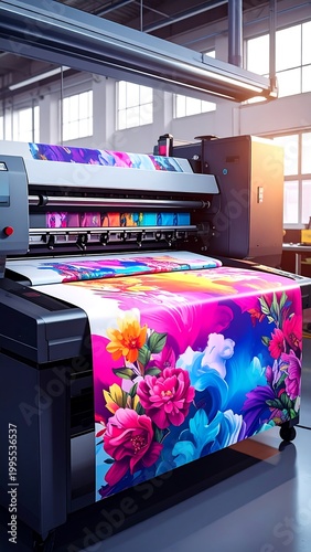 Large format printer at work, producing vibrant floral pattern