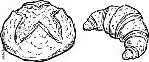 Detailed artisan bread loaf and buttery croissant vector sketch for bakery branding and food design.