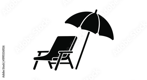Black and white illustration of a beach chair and umbrella