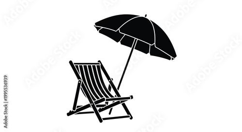 Black and white illustration of a beach chair and open umbrella