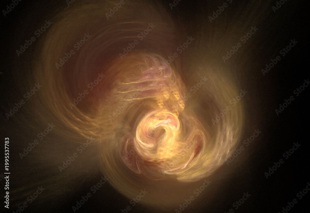 Naklejka premium Vibrant digital fractal art featuring glowing blue, cyan, and golden light trails swirling around a central dark void. Energetic cosmic motion background.