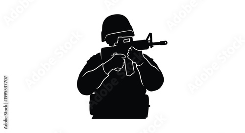 Silhouette of a soldier holding a rifle facing forward in black