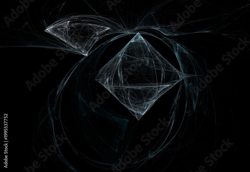 Vibrant digital fractal art featuring glowing blue, cyan, and golden light trails swirling around a central dark void. Energetic cosmic motion background.