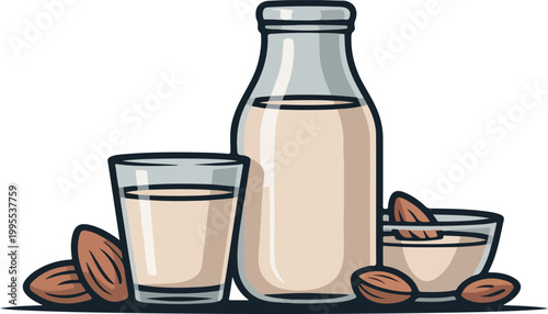 Almond Milk in Bottle and Glass with Whole Nut Kernels