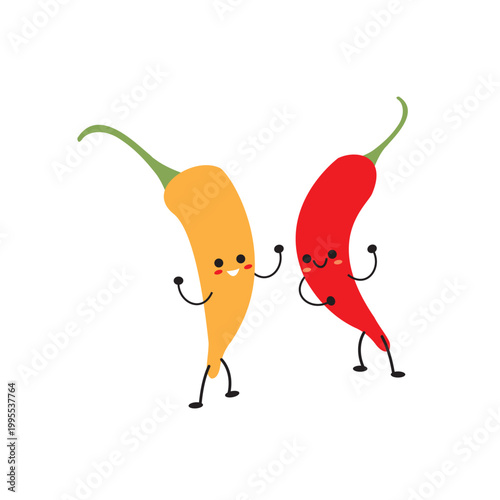 Two anthropomorphic chili peppers, one red and one green, holding hands and dancing with smiling faces