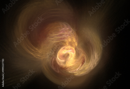 Vibrant digital fractal art featuring glowing blue, cyan, and golden light trails swirling around a central dark void. Energetic cosmic motion background.