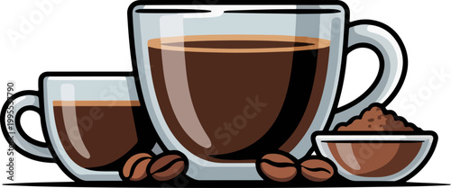 Fresh Black Coffee in Cup and Glass with Roasted Beans