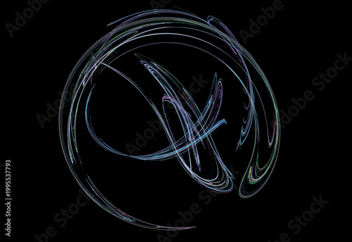 Vibrant digital fractal art featuring glowing blue, cyan, and golden light trails swirling around a central dark void. Energetic cosmic motion background.