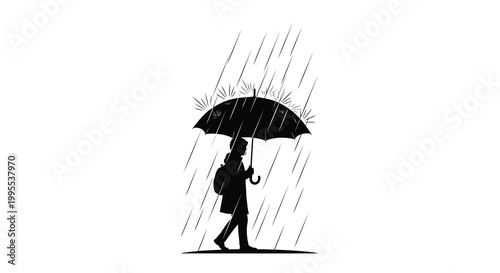 Silhouette of a person holding an umbrella in heavy rainfall