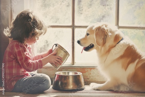 Cute moment of child feeding dog, domestic life scene