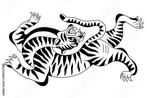 Dynamic tiger silhouette in bold graphic style. Fierce pose with curved stripes and open mouth, perfect for design, art, and creative projects emphasizing strength and energy.