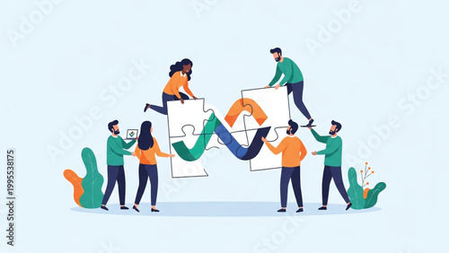 A diverse group of people working together to assemble a puzzle with colorful pieces on a light blue background.