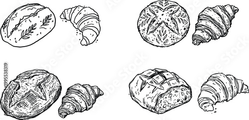 Selection of bread loaves and croissants hand drawn illustrations for bakery shop menu decoration.