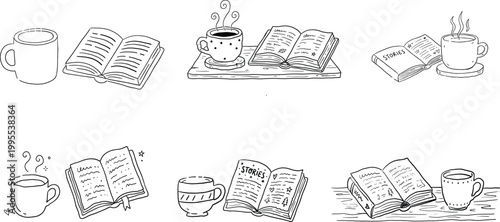 Cozy reading time sketches featuring open books and coffee mugs on wooden tray hand drawn set.