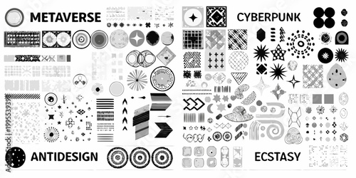 Abstract geometric patterns and text relating to metaverse and cyberpunk themes