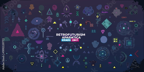Colorful abstract retrofuturism illustration with geometric shapes and text