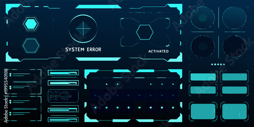 Futuristic user interface elements with a system error message displayed