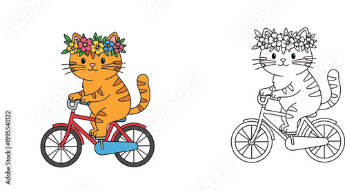 Cute Cat Wearing Flower Crown Riding a Bicycle Illustration and Line Art Coloring Page for Kids Educational Activity Vector Design