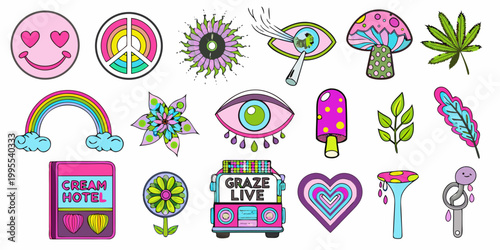 Colorful sticker collection featuring psychedelic designs and groovy retro imagery