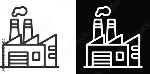 factory chimney smoke building white black line icon set vector 
