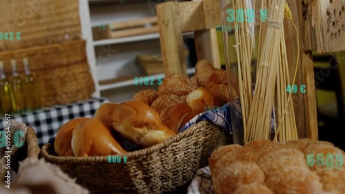 Camera moving closer to bakery basket, teal labels clustering over breads, showing product data