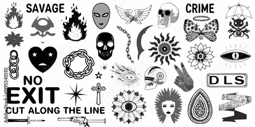A collection of black and white tattoo style flash designs on a white background