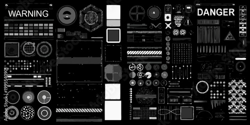 A complex arrangement of industrial icons warning signs and technical elements