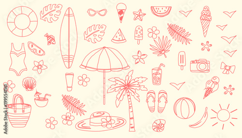 set of vector doodle summer elements sun, palm tree, beach umbrella, tropical flowers  summer time poster, card