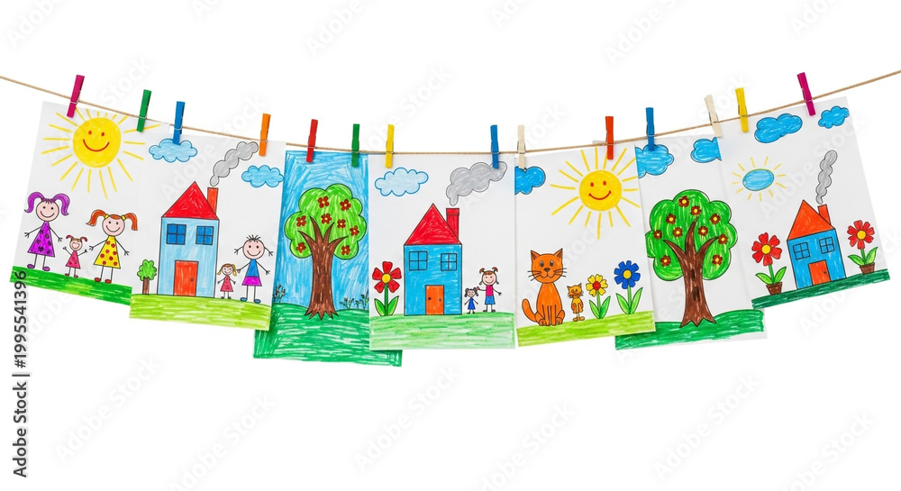 Obraz premium Hand-drawn colorful village scene banner with animals, houses, and nature under sunny sky