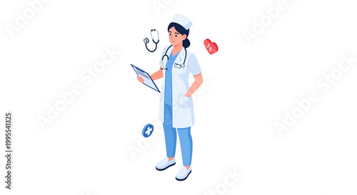Isometric illustration of a female doctor in a white coat, holding a clipboard and wearing a stethoscope, surrounded by floating medical icons against a clean white background