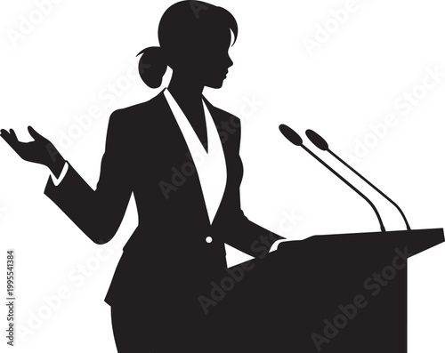 Professional woman delivering a speech at a podium with microphones silhouette vector