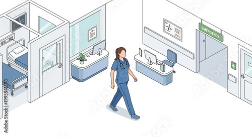 Isometric illustration of a healthcare worker in scrubs walking through a hospital hallway with reception desks and patient rooms, rendered in a clean, minimalist style with soft, muted