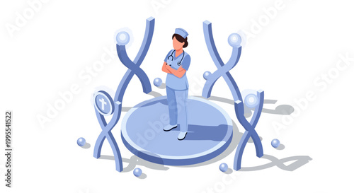 Isometric illustration of a confident nurse standing on a blue platform with arms crossed, surrounded by stylized DNA strands, set against a clean white background with soft, diffused