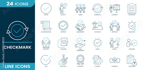 Checkmark icon set. Check, approval, verification, confirm, success, accept, checklist, validation, consent, agreement. Line vector icons.