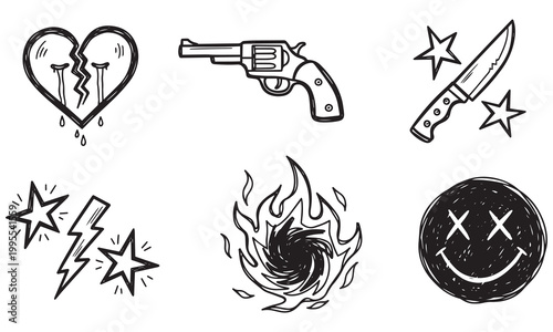 Broken heart crying and revolver gun with knife doodle set including stars lightning bolt and black smiley face with cross eyes hand drawn vector illustration collection for sticker designs.