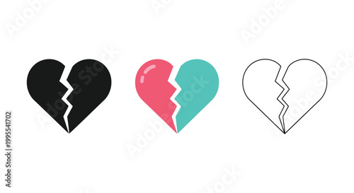Broken heart icon set in silhouette flat and outline styles love breakup emotional symbol vector illustration isolated on white